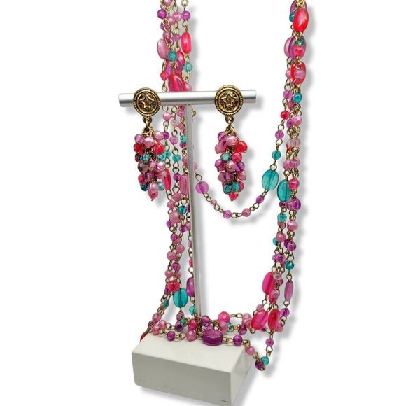 Vintage Resin Eyeful(tm) 5 strand bead, gold-tone wire & Earring Set 27" - Picture 6 of 7